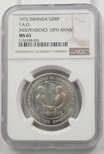 Roughly Half Dollar Size 1972 200 Francs Silver NGC MS65 RWANDA FAO Independence
