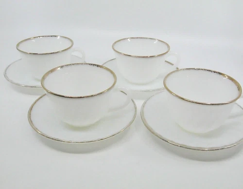 4x Fire-King Cups & Saucers Swirl White Milk Glass Gold Trim Anchor Hocking 6 oz