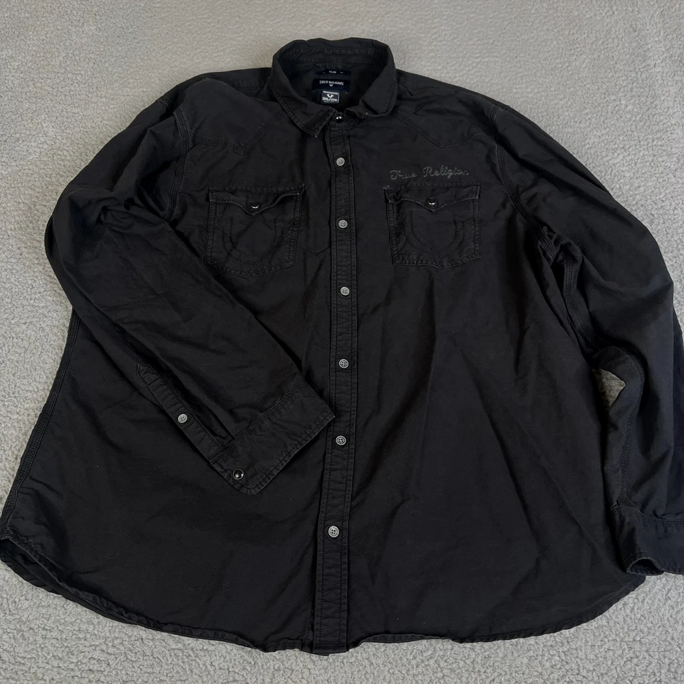 True Religion Shirt Mens 3XL Denim Pearl Snap Metal Button Slim Embroidered - Image 2 of 4