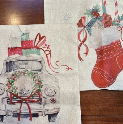 Christmas Holiday Vintage Car and Stocking Pillow Covers 17.5'' - Used