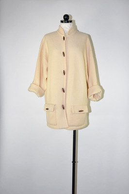 90s Vintage Cream Wool Knit Wood Button Cardigan Jacket Chore Barn Coat Women XL