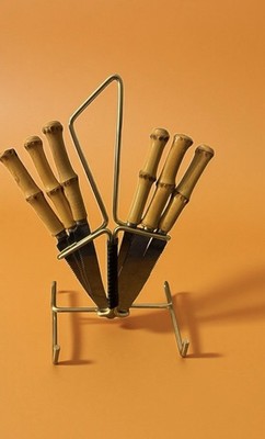 Mid Century Modern SOLINGEN FRUIT KNIFE SET 6 Bamboo Handles In Stand !!