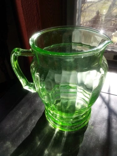 Antique Uranium Green Glass Pitcher Depression Vaseline Large 8 1/2”