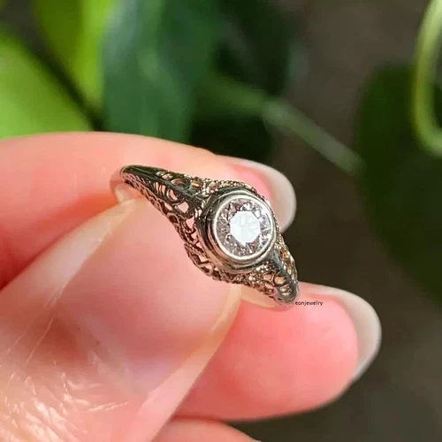 Art Deco Vintage Lab Created Diamond 14K White Gold FN Filigree Engagement Ring