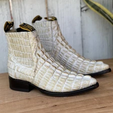 Genuine Leather Exotic Alligator Print J-Toe Ankle Short Western Boots - Bone
