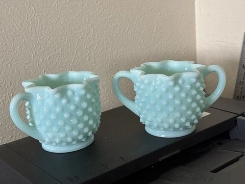 Vintage Fenton Turquoise Milk Glass Hobnail Creamer & Matching Sugar Bowl EUC