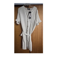 Ragdolls XL Shirt Dress White Black Polka Dot V-Neck Button Belted Short