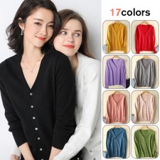 Women V Neck Plain Knitted Cardigan V Neck Cardi Button Jumper Sweater Tops