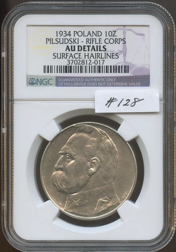 Poland 1934 10Z Rifle Corps (#128) NGC AU Details (Surface Hairlines) Scarce Coi