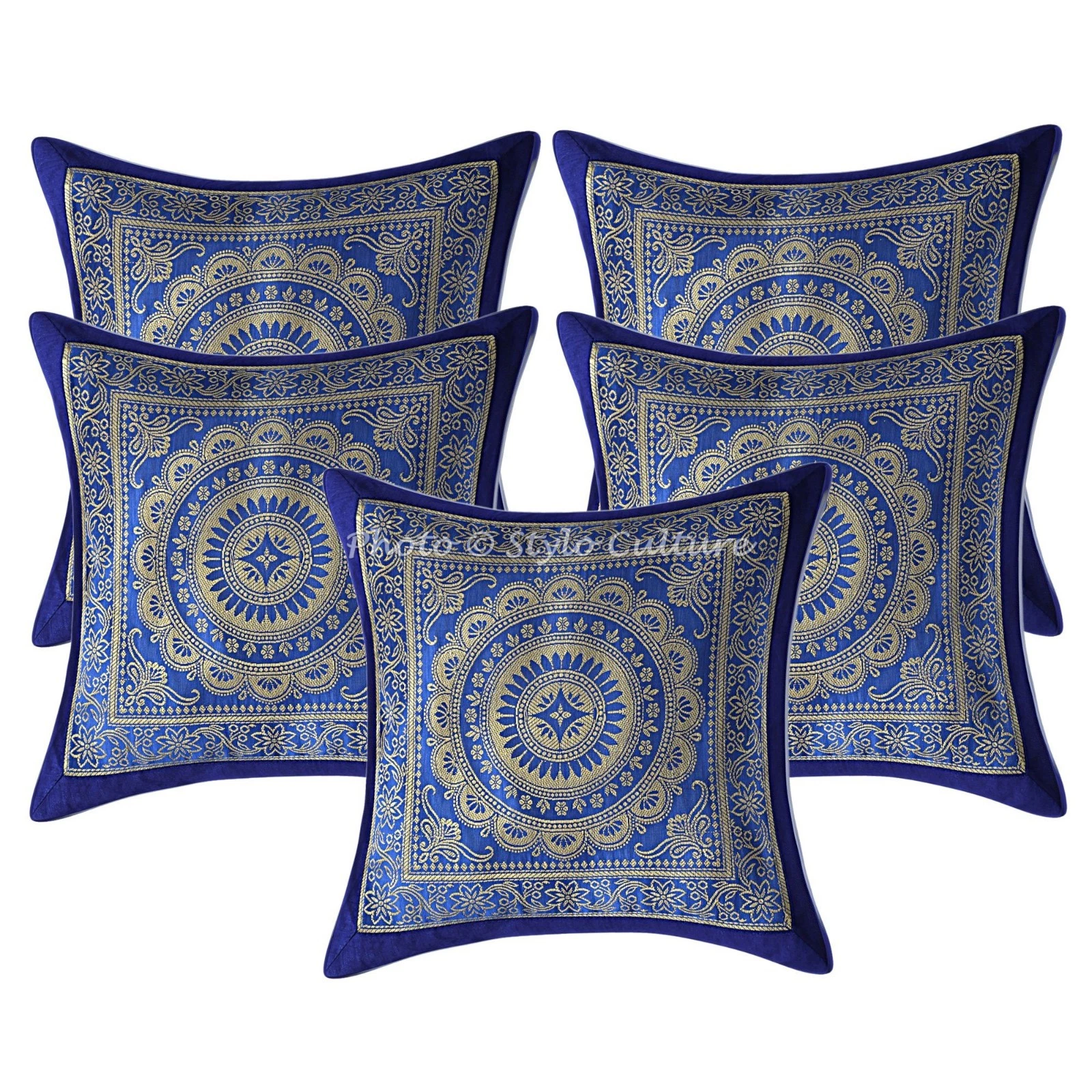 Decorative Pillowcase Mandala Brocade Silk Ink Blue Pillow Cushion 5pc Throw 12"