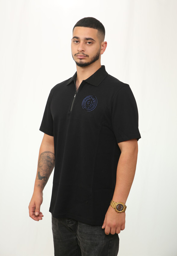 RRP $460 BALMAIN Polo Shirt Blue Logo Zip Black 100