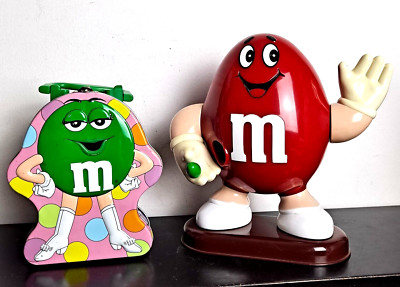 1992 Red M&M'S PEANUT MAN CANDY DISPENSER, Green M&M Tin Carry