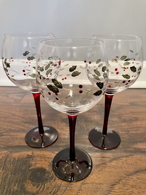 Pfaltzgraff ~Winterberry~ Set Of 3 Etched and Hand Painted Wine Goblets
