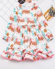 NEW Boutique Gingerbread Christmas Girls Long Sleeve Ruffle Dress