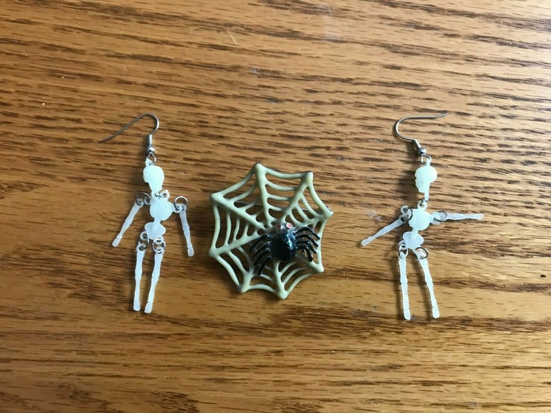 Skeleton Earrings and Spider & Web Brooch Costume Jewelry