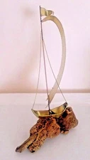Brass Sailboat Sculpture on Burlwood Base, 18” Tall, No Maker Mark