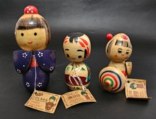 3 Vintage Japanese Art Kokeshi Dolls w/Tags China
