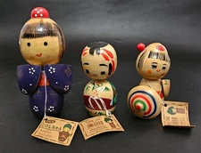 3 Vintage Japanese Art Kokeshi Dolls w/Tags China