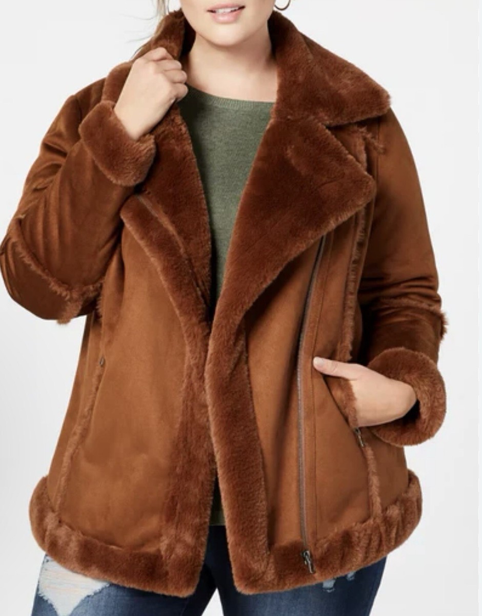 STYLE CO Faux-Shearling Moto Jacket Size Large Color Mocha
