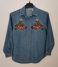 Bobbie Brooks Vintage Denim Christmas Shirt Top Blouse Size M Button Embroidered