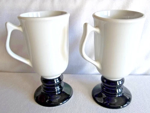 Pair of HALL IRISH COFFEE CUP/MUGS FOOTED  PEDESTAL BLACK & CREAM #1273, USA VTG