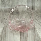 Fenton Small Pink Ruffled Edge Basket With Handle Floral Pattern 5.75"H 6.25"W