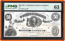 KC- T-8 1861 $50 Confederate States of America - CU 63 by PMG