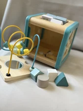 Wooden Activity Cube Toy for Toddlers Shape Sorter Bead Maze Mirror for Baby