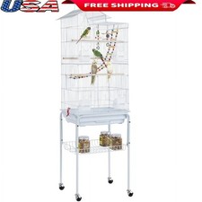 Metal Rolling Bird Cage W/ Stand Four Feeders Toys  Perches Small Birds White