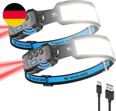 Smiling Shark Stirnlampe, 2 Stück Headlamp 7*Weiße Licht 270° Beleuchtung Breite