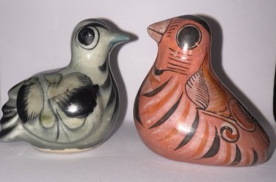 Vintage Two Mexican Pottery Dove Pigeon Quail Birds Artist Signed 2.75  Tonala