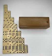 Vintage Two Tone Black Ivory Double Six Dominos In Handmade Wood Box - Set of 28