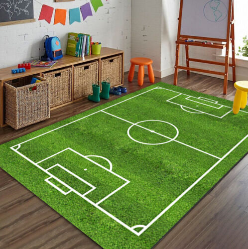 Green Football Soccer Pitch Rug Kids Play Floor Carpet Bedroom Rugs Rugby Mat - Afbeelding 1 van 22