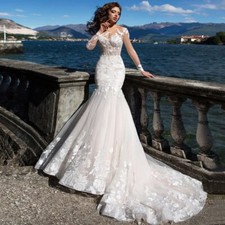 Sexy Illusion Mermaid Wedding Dresses Scoop Long Sleeve Lace Applique Bride Gown