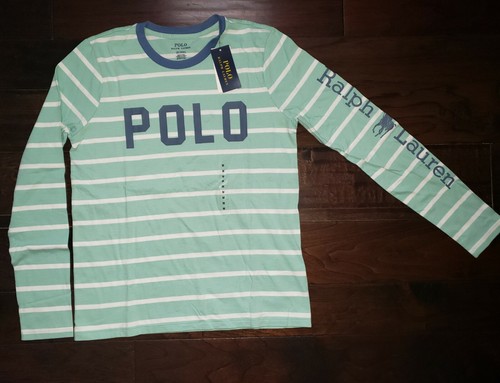 NWT Polo Ralph Lauren Women's Slimming Green Striped POLO Logo Long Sleeve Tee