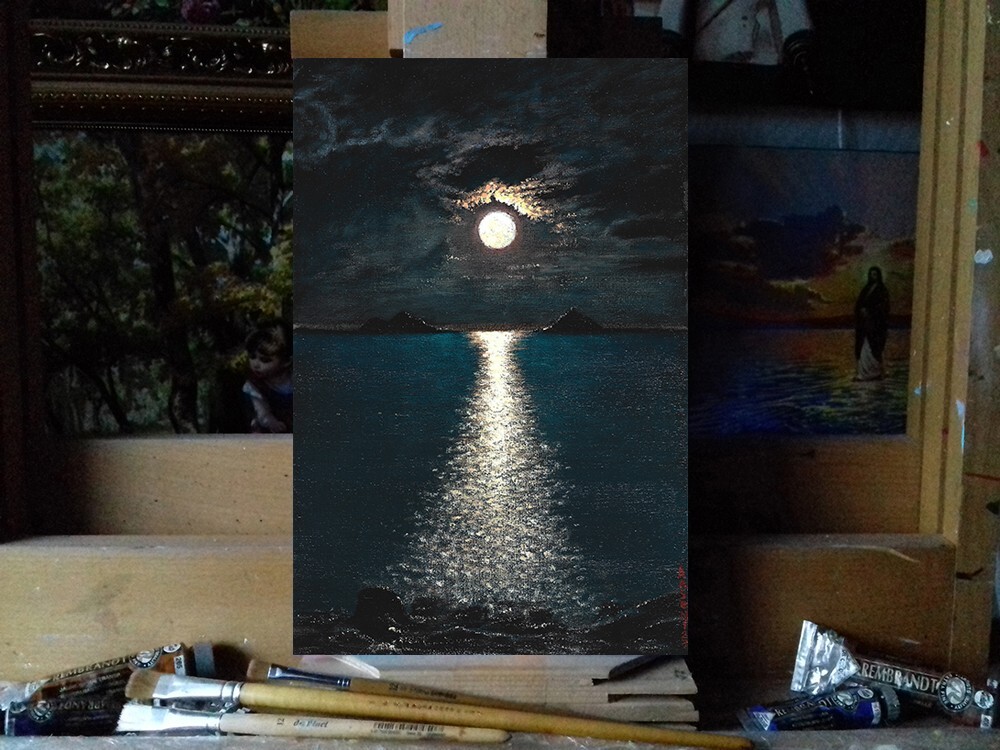 ORIGINAL Oil Painting Handmade Arseni ~ MOON 12" X 8" NO FRAME Art USA - Photo 8 sur 11