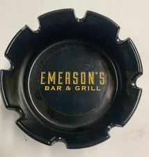 EMERSON’S Bar & Grill Ashtray / Black , Gold Vintage Plastic 