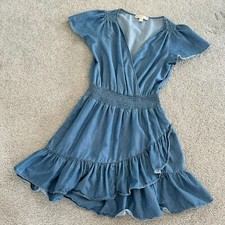 Michael Kors Flutter Sleeve Faux Wrap Ruffle Dress Chambray Light Blue SMALL