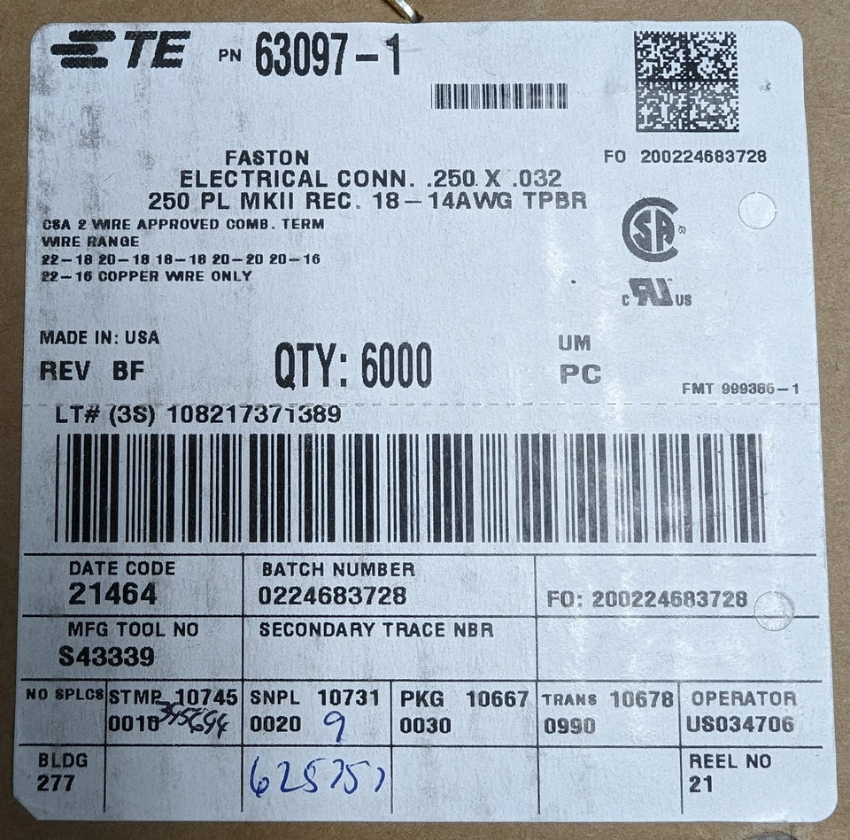 6000 TE Connectivity 63097-1 FASTON 250 Quick Connect Terminals 18-14AWG NEW - Image 3 of 4