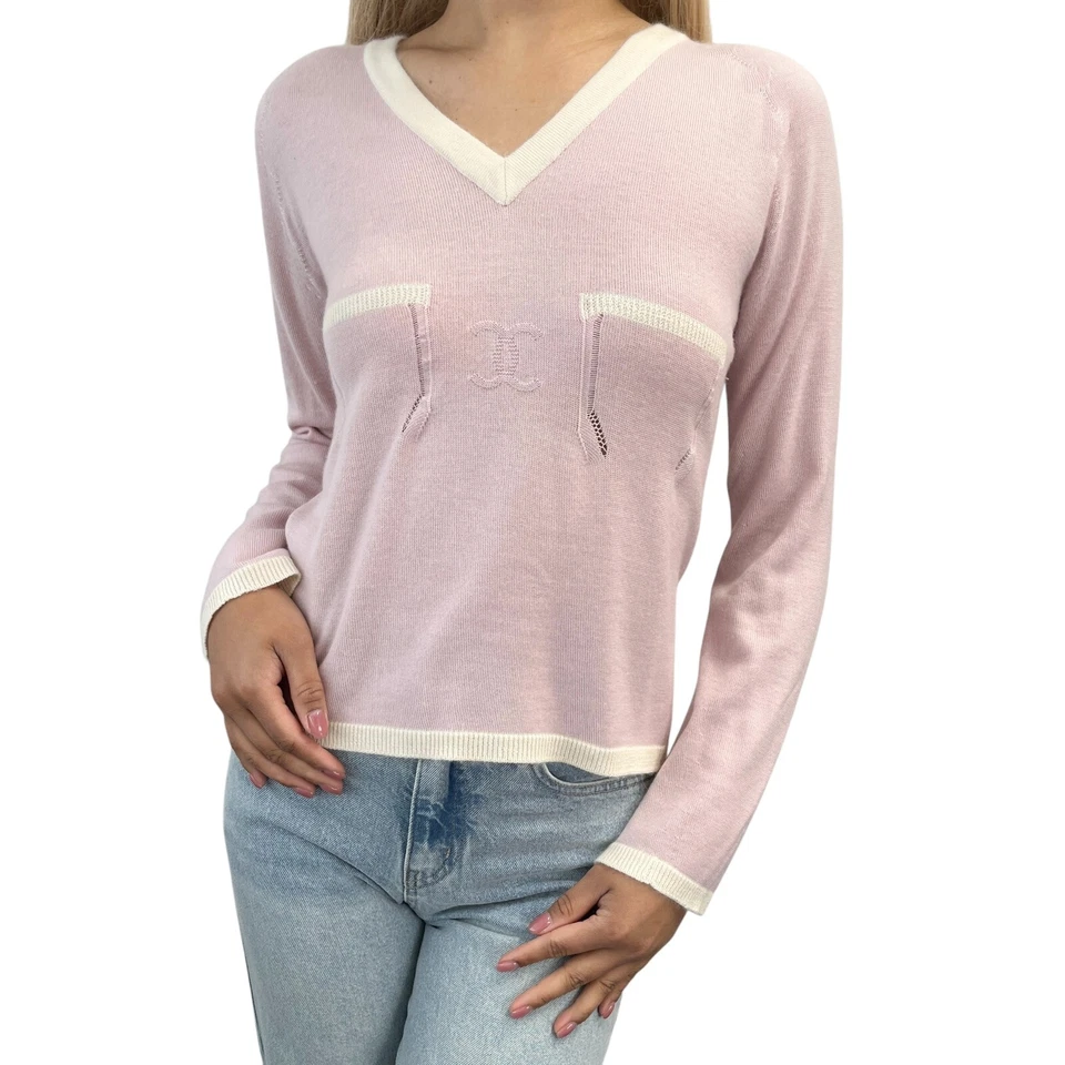 CHANEL Vintage 04C CC Logo Top Sweater Knit #42 Pink Cream White Cashmere - Image 2 of 4