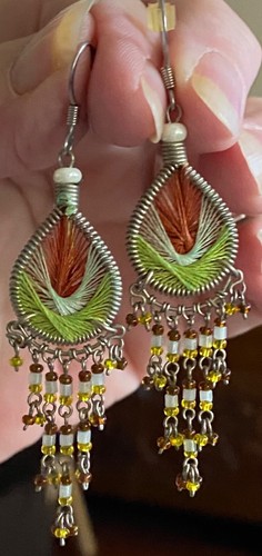 Chandelier Pierced Earrings Silk Thread BOHO Green Red Hook