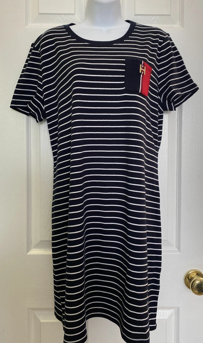 Tommy Hilfiger Sailaway Blue Striped Casual T Shirt Dress w Pocket COTTON Sz M