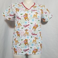 Rudolph The Red Nosed Reindeer "Believe" Christmas Xmas Scrub Top Women's Size S