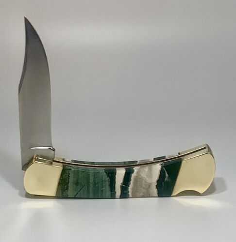 VTG 1981-1986 BUCK 110 4-DOT KNIFE WITH CUSTOM GREEN ZEBRA JASPER STONE HANDLES! - Picture 5 of 16