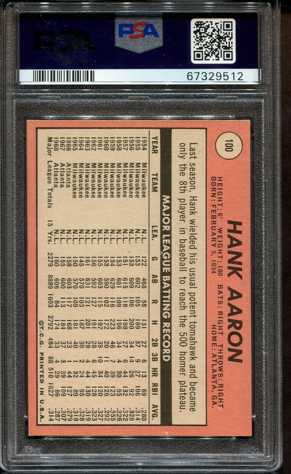 1969 Topps #100 Hank Aaron PSA 4 Centered Looks Nicer Atlanta Braves view 2