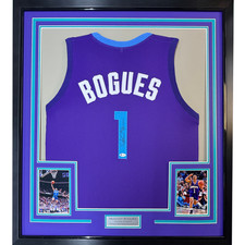 Framed Autographed/Signed Muggsy Bogues 33x42 Charlotte Purple Jersey BAS COA