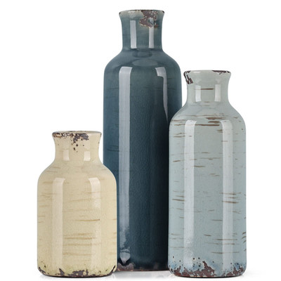Qianling Multicolor Ceramic Vase Set Of 3 - Coastal Rustic Farmhouse Decor