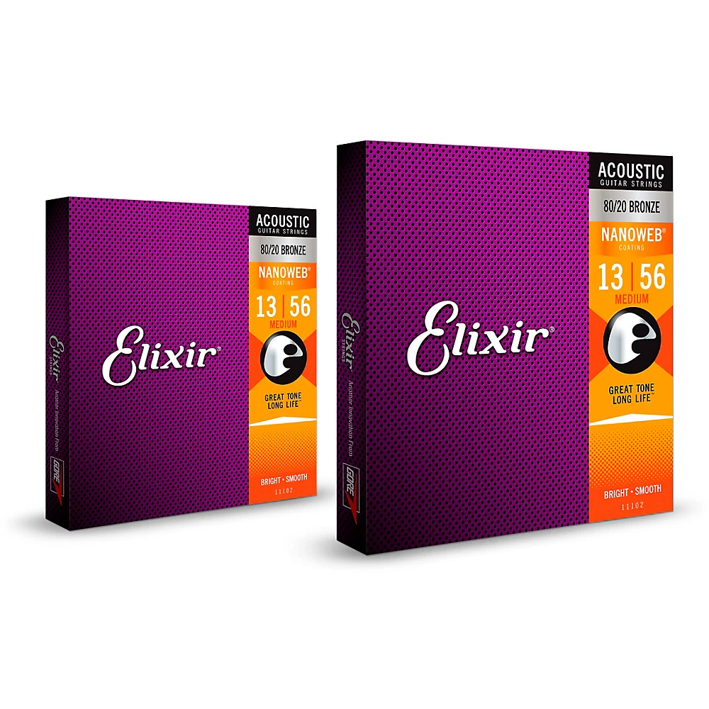 Струны Elixir 80/20 для акустической гитары бронзового цвета с NANOWEB Medium (.013-.056), 2 шт.