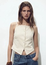 Inditex Beige Solid Knit Square Neck Button-F...