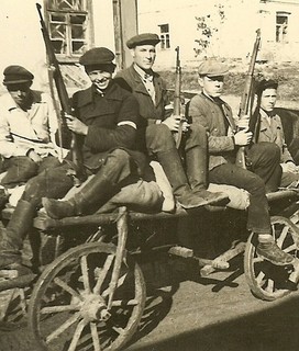 RARE! German Latvian Auxiliary Troops w/ Armbands & Rifles on Wagon; 1942!!!